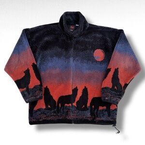 Vintage 90s Mazmania Wolf Pack Sunset Full Zip Fleece Jacket Size Large USA